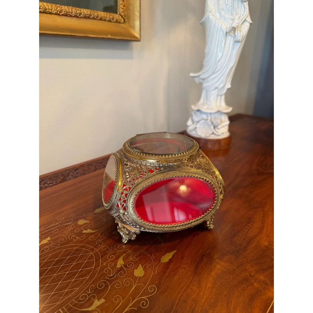 Vintage Ormolu Jewelry Casket Red Velvet Beveled Glass Box - Picture 8 of 17